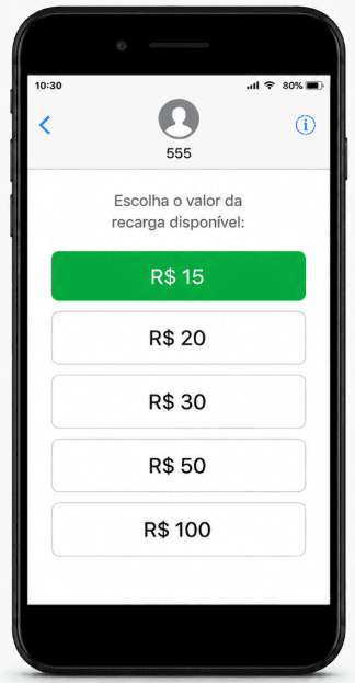 Tela de celular mostrando opções de valores para Recarga Claro, de R$ 15 a R$ 100.