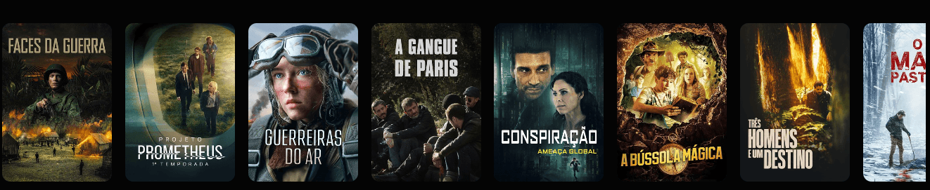 Carrossel de filmes e séries do catálogo do Looke exibindo os títulos: Faces da Guerra, Prometheus, Guerreiras do Ar, A Gangue de Paris, Conspiração: Ameaça Global, A Bússola Mágica, Três Homens e um Destino e O Mau Pastor.