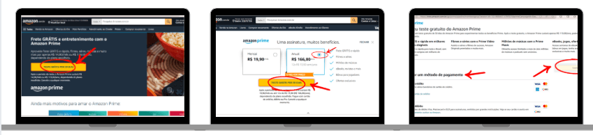 três notebooks lado a lado com imagens do site oficial amazon prime