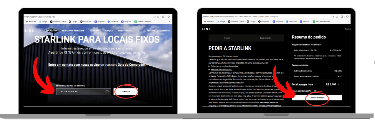 Captura de tela do site da Starlink em um notebook mostrando o fluxo de contratação do plano empresarial. À esquerda, a página “Starlink para locais fixos” com campo para inserir o endereço de uso e botão “Começar” destacado; à direita, a tela de resumo do pedido com o botão “Concluir a compra” em evidência.
