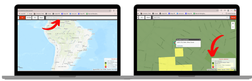 dois notebooks lado a lado com a imagem do mapa de cobertura Claro na tela