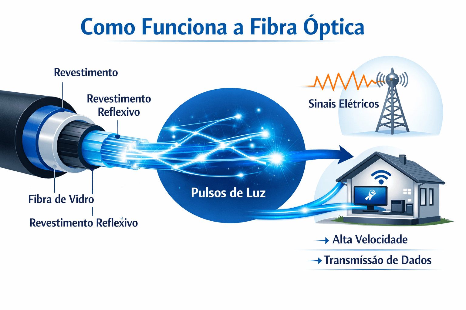 imagem mostrando como a internet fibra ótica funciona