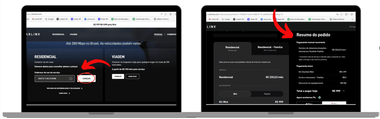 Captura de tela do site da Starlink exibida em dois notebooks. À esquerda, a página de escolha de plano mostra a opção “Residencial” com campo para digitar o endereço e um botão “Começar”, destacado por uma seta vermelha. À direita, a tela de “Resumo do pedido” apresenta os detalhes da contratação, incluindo assinatura mensal do plano Residencial e o valor do kit Starlink Mini, também indicado por uma seta vermelha.