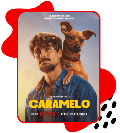 Pôster do filme Caramelo. Um jovem de barba e cabelos castanhos olha para o horizonte enquanto carrega um cachorro caramelo de pequeno porte apoiado sobre os ombros. O cão usa uma coleira vermelha e encara a câmera. Ao fundo, há um céu em tons dourados.