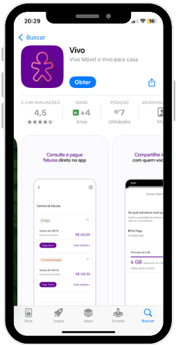 Tela de celular exibindo a página do aplicativo Vivo na App Store. O app tem nota 4,5 estrelas, mais de 2,3 milhões de avaliações e está classificado na posição nº 7 em utilitários. O destaque mostra a opção de consultar e pagar faturas direto no app.