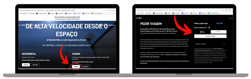 Imagem com dois notebooks lado a lado exibindo telas do site da Starlink. No notebook da esquerda, a página inicial mostra opções de planos e um botão “Comprar” destacado por uma seta vermelha. No notebook da direita, aparece a tela de pedido de viagem com forma de pagamento, também destacada por uma seta vermelha indicando o botão de pagamento.