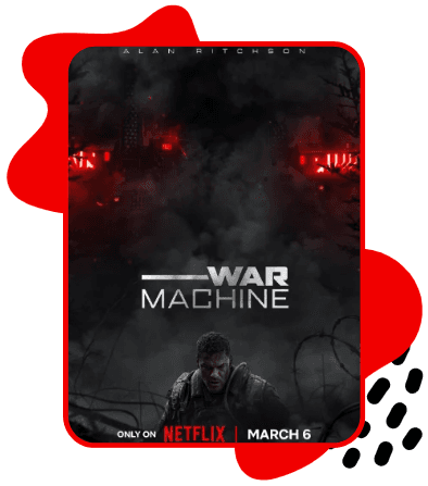 Pôster do filme War Machine, com um soldado em meio a uma paisagem escura e destruída, iluminada por luzes vermelhas.