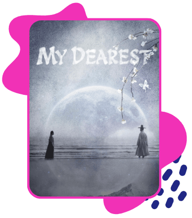 Pôster da série “My Dearest”, com dois personagens em uma praia sob um céu nebuloso, cercado por elementos gráficos em rosa e azul.