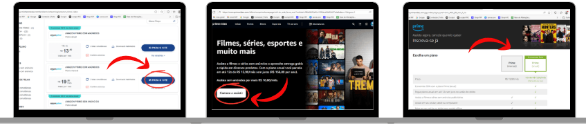 três notebooks lado a lado com passo a passo explicando como assinar o Amazon Prime Video