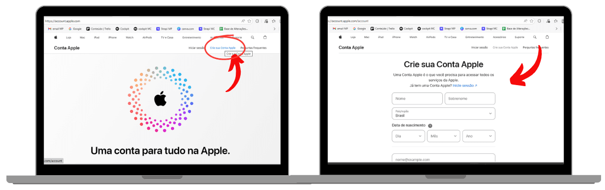 Captura de tela em dois notebooks mostrando o processo de criação de conta na Apple: na primeira tela, destaque no botão “Crie sua Conta Apple”; na segunda, formulário de cadastro com campos para nome, país, data de nascimento e e-mail. Setas vermelhas indicam onde clicar e preencher.