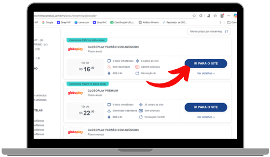 Tela do comparador de planos de streaming exibindo ofertas do Globoplay. Uma seta vermelha destaca o botão azul "Ir para o site", indicando onde o usuário deve clicar para contratar o plano.