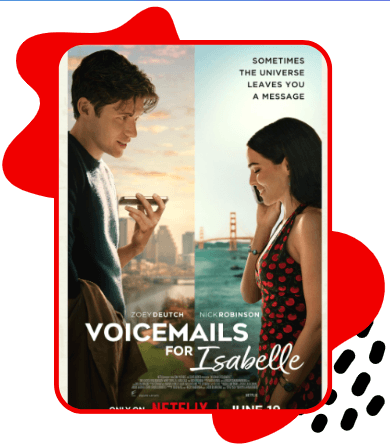 Pôster do filme Voicemails for Isabelle, com um homem e uma mulher conversando por telefone em lados opostos da imagem, tendo a Ponte Golden Gate ao fundo.