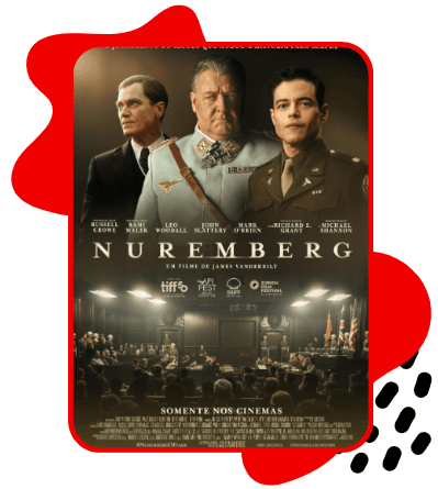 Pôster do filme Nuremberg, com três homens em destaque e uma cena de julgamento ao fundo, sobre fundo vermelho.