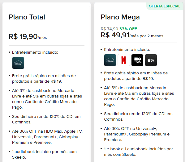 Print dos dois planos Meli+ com destaque em vermelho para a frase