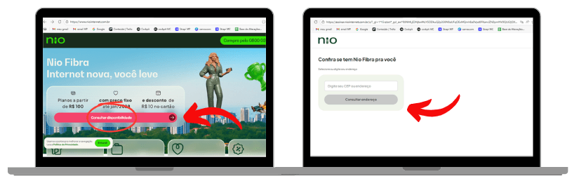 dois notebooks mostrando o site da Nio Internet. À esquerda, a página inicial da Nio Fibra com destaque para planos de internet e um botão de consulta de disponibilidade, indicado por uma seta vermelha. À direita, a tela de contratação da Nio Fibra, onde o usuário deve digitar o CEP para consultar a disponibilidade do serviço, também destacada por uma seta vermelha.