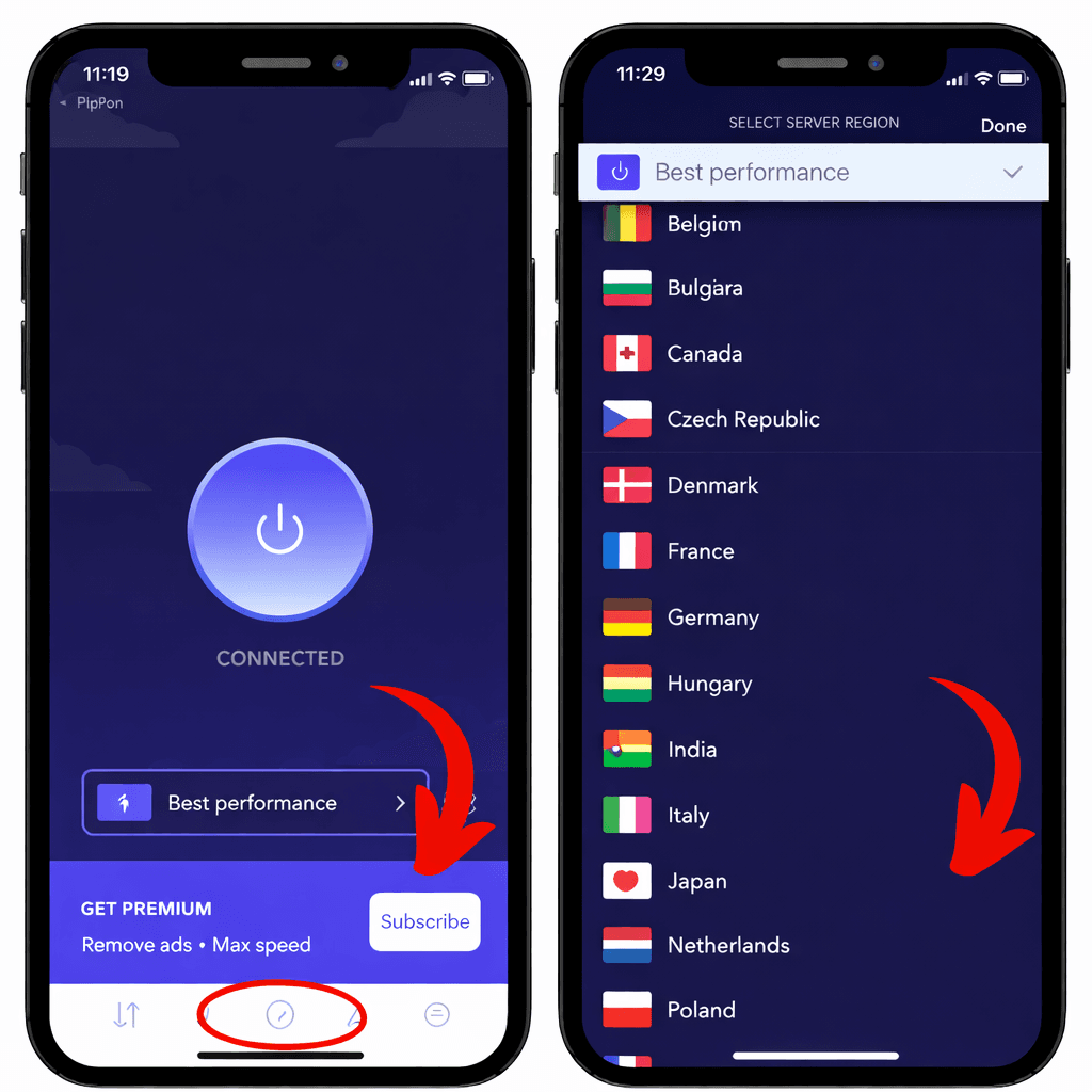 dois celulares lado a lado com prints do app Psiphon Pro na tela