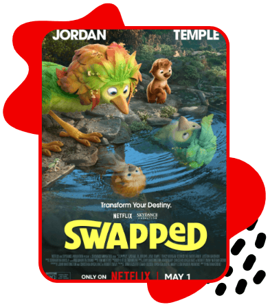 Pôster do filme Swapped, com dois personagens animais em uma floresta, acompanhados por outros animais próximos a um riacho.