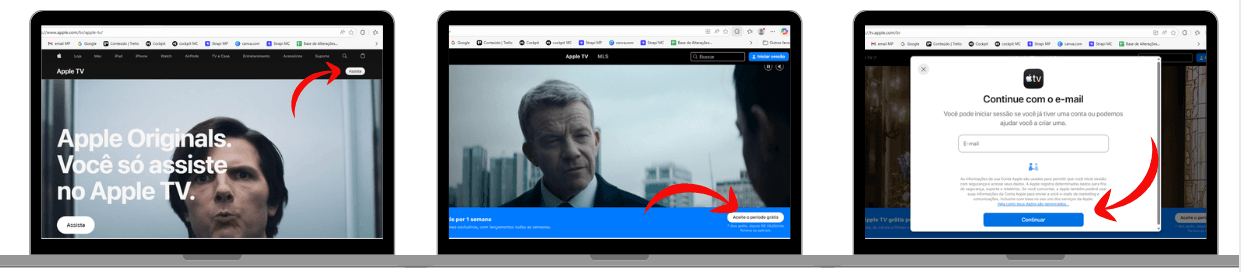 Sequência de três telas em um notebook mostrando o passo a passo para assinar o Apple TV+: na primeira, a página inicial da Apple TV com o botão “Assista” destacado; na segunda, a tela de conteúdo com a opção “Aceite o período grátis”; e na terceira, a janela para inserir e-mail e continuar o cadastro, com setas vermelhas indicando cada etapa.