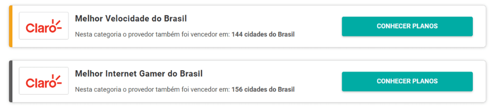 Banner da Claro destacando os prêmios “Melhor Velocidade do Brasil” e “Melhor Internet Gamer do Brasil”, com vitórias em 144 e 156 cidades, respectivamente.