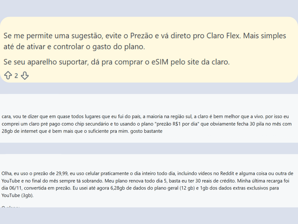 Comentários de usuários no Reddit sobre o Prezão Claro, com relatos sobre custo-benefício, quantidade de internet e comparação com o Claro Flex.