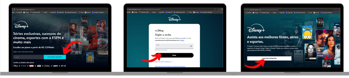 Três etapas da assinatura do Disney+: na primeira tela, o usuário insere seu e-mail e clica em "Assinar agora"; na segunda, digita sua senha para continuar; e na terceira, finaliza o processo clicando em “Concluir assinatura” para começar a usar o serviço.