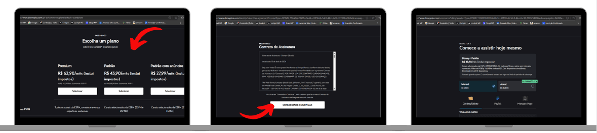 Três telas do site do Disney+ mostrando o processo de assinatura: seleção entre os planos Premium, Padrão e Padrão com anúncios; aceite do contrato de assinatura; e escolha da forma de pagamento e do tipo de cobrança (mensal ou anual).
