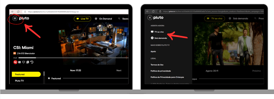 Duas telas de PC, com print do site Pluto TV na tela e setas vermelhas apontando para onde clicar para assistir filmes, séries e canais abertos.