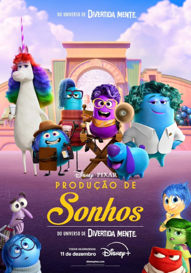A imagem mostra dois personagens principais: Paula Persimmon, uma diretora de sonhos com visual criativo e excêntrico, e Xeni, seu novo parceiro, com aparência robótica e elegante. Ambos estão em um ambiente colorido e estilizado, que representa o estúdio de criação dos sonhos de Riley.