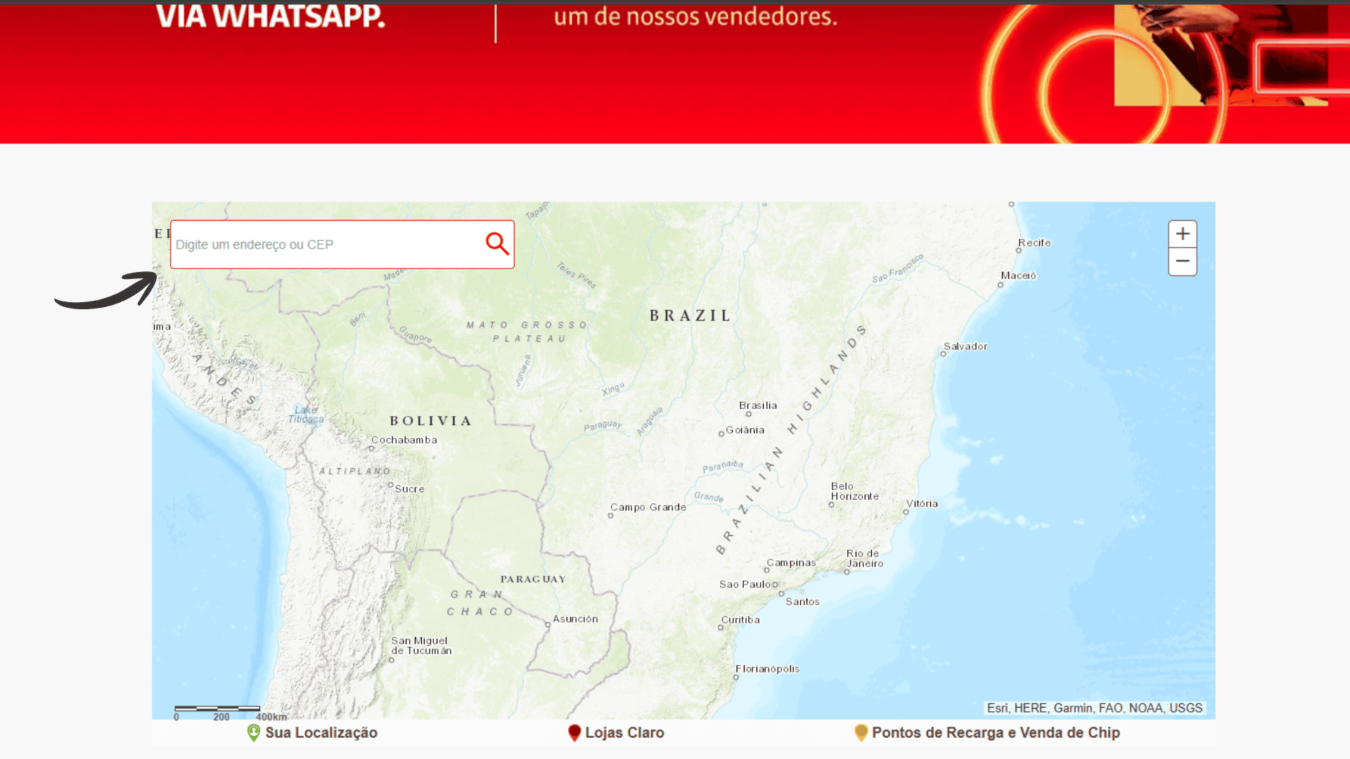 Espaço destinado para a inserção do CEP do usuário na página "Encontre a Loja Claro"