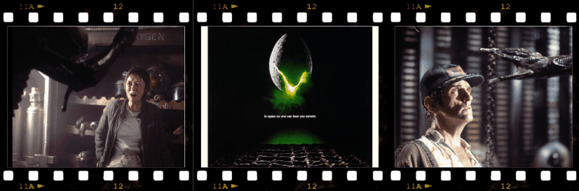 Print de três cenas do filme Alien, o 8 passageiro