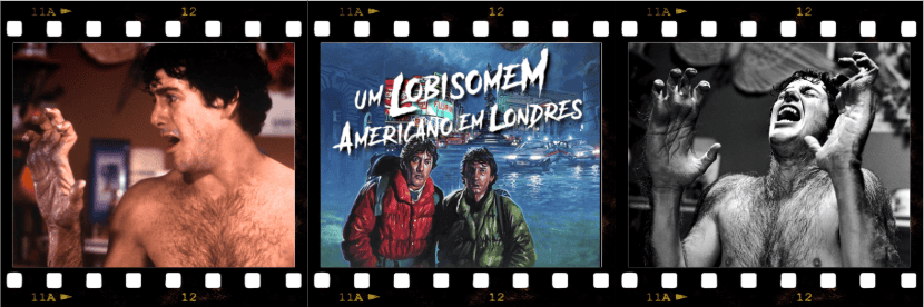Print de três cenas do filme Um Lobisomen americano em londres