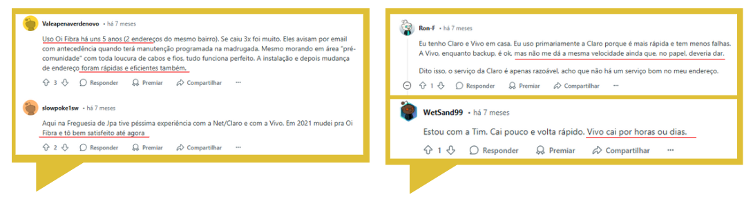Print de comentários de usuários no reddit sobre a Vivo e a Oi