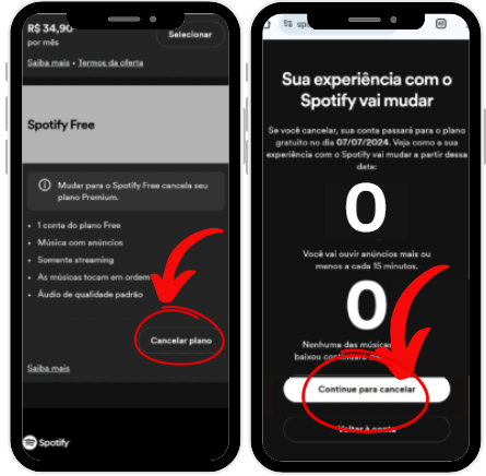 três celulares lado a lado com prints da plataforma spotify na tela