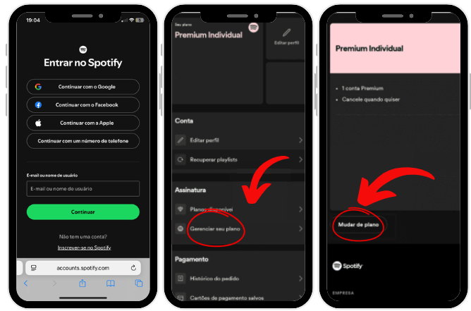 três celulares lado a lado com prints da plataforma spotify na tela