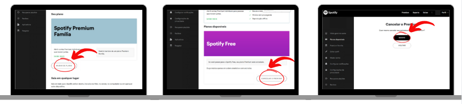 três notebooks enfileirados com a plataforma do spotify na tela ensinando como cancelar