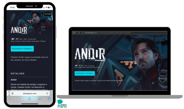 Celular e notebook, lado a lado, com a imagem de capa da série Andor na tela