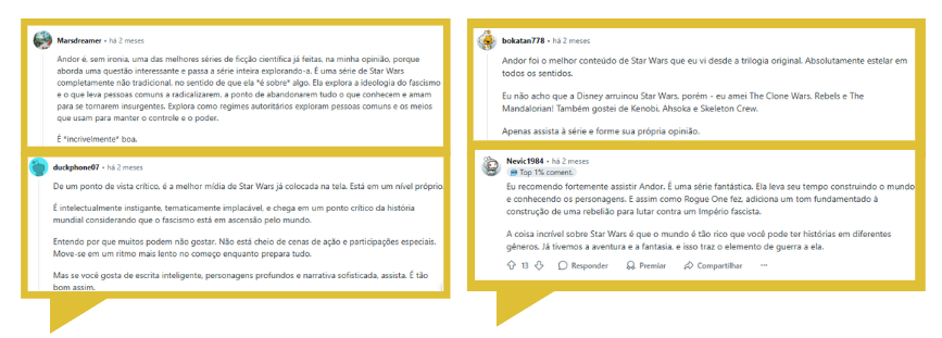 prints de comentários de usuários no Reddit avaliando a série Andor