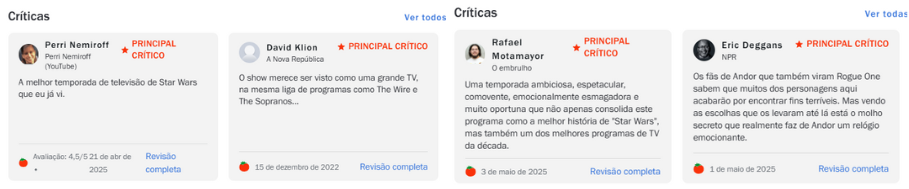 Print de cometários da crítica no Rotten Tomatoes avaliando a série Andor