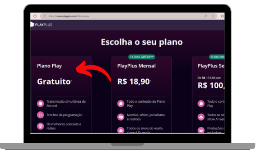 Página de escolha de planos do PlayPlus aberta em um notebook, com uma seta vermelha apontando para a opção "Plano Play", que é gratuito. Também são visíveis os planos pagos Mensal e Semestral.