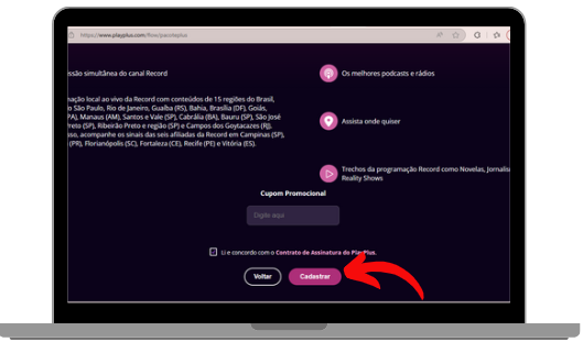 Página do site PlayPlus aberta em um notebook, com destaque para o botão "Cadastrar" indicado por uma seta vermelha. 