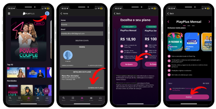 Quatro telas de celular mostram como assinar um plano do PlayPlus pelo aplicativo. Na primeira, a seta indica o menu superior direito do app. Na segunda, o botão “Gerenciar plano” está em destaque na seção de detalhes da conta. Na terceira, uma seta aponta para a escolha entre planos mensal e semestral. Na quarta tela, o botão "Assinar" aparece em destaque para finalizar a assinatura do plano selecionado.