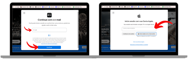Duas telas de login do Apple TV+ exibidas em notebooks. À esquerda, o campo para inserir e-mail e criar ou acessar uma conta com o botão "Continuar". À direita, a opção de iniciar sessão com a Conta Apple usando ID Apple ou Chave-secreta, com seta indicando a área de login.
