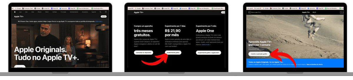 Três notebooks exibindo diferentes páginas do site do Apple TV+. O primeiro mostra a tela principal com destaque para as séries Apple Originals. O segundo exibe opções de assinatura: três meses grátis na compra de aparelho, teste de 7 dias por R$21,90 e plano Apple One. O terceiro mostra a tela de oferta de teste gratuito por uma semana com botão “Acesse o período grátis” destacado por uma seta.
