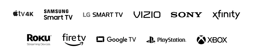 Logos das marcas compatíveis com Apple TV+: Apple TV 4K, Samsung Smart TV, LG Smart TV, Vizio, Sony, Xfinity, Roku, Fire TV, Google TV, PlayStation e Xbox.