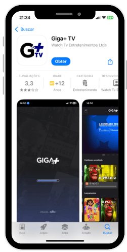 Celular com print do app Giga+ TV na tela