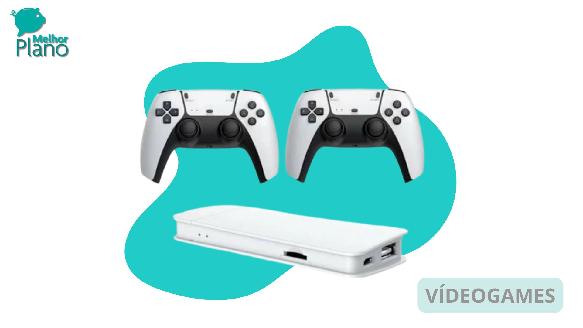 Dois controles de videogame brancos e pretos ao lado de um console branco, sobre fundo azul com forma orgânica e logo “Melhor Plano”