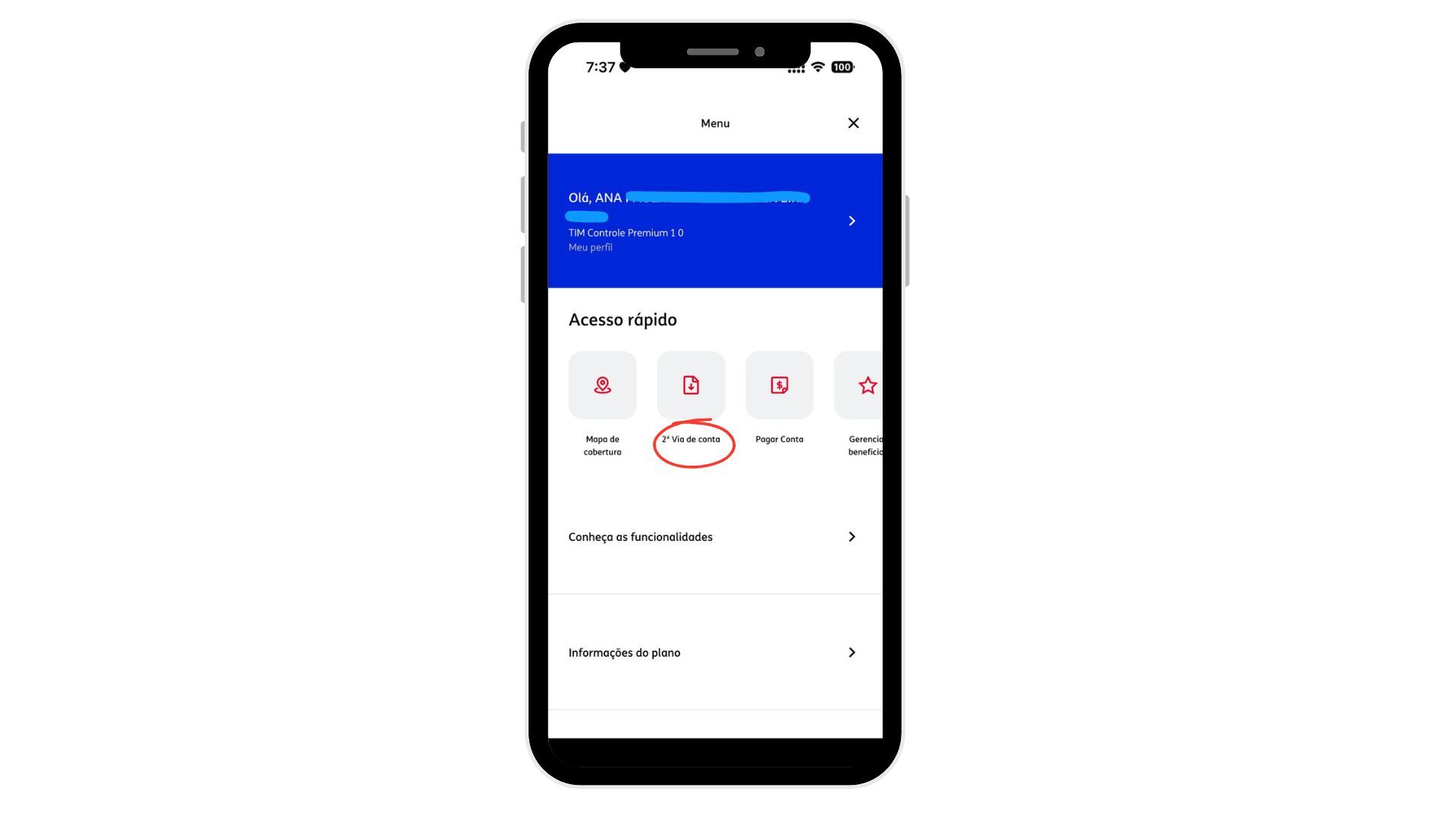 Captura de tela do aplicativo Meu TIM com o menu aberto. Na seção “Acesso rápido”, a opção “2ª Via de conta” está destacada por um círculo vermelho. Outras opções visíveis incluem “Mapa de cobertura”, “Pagar conta” e “Gerenciar benefícios”.