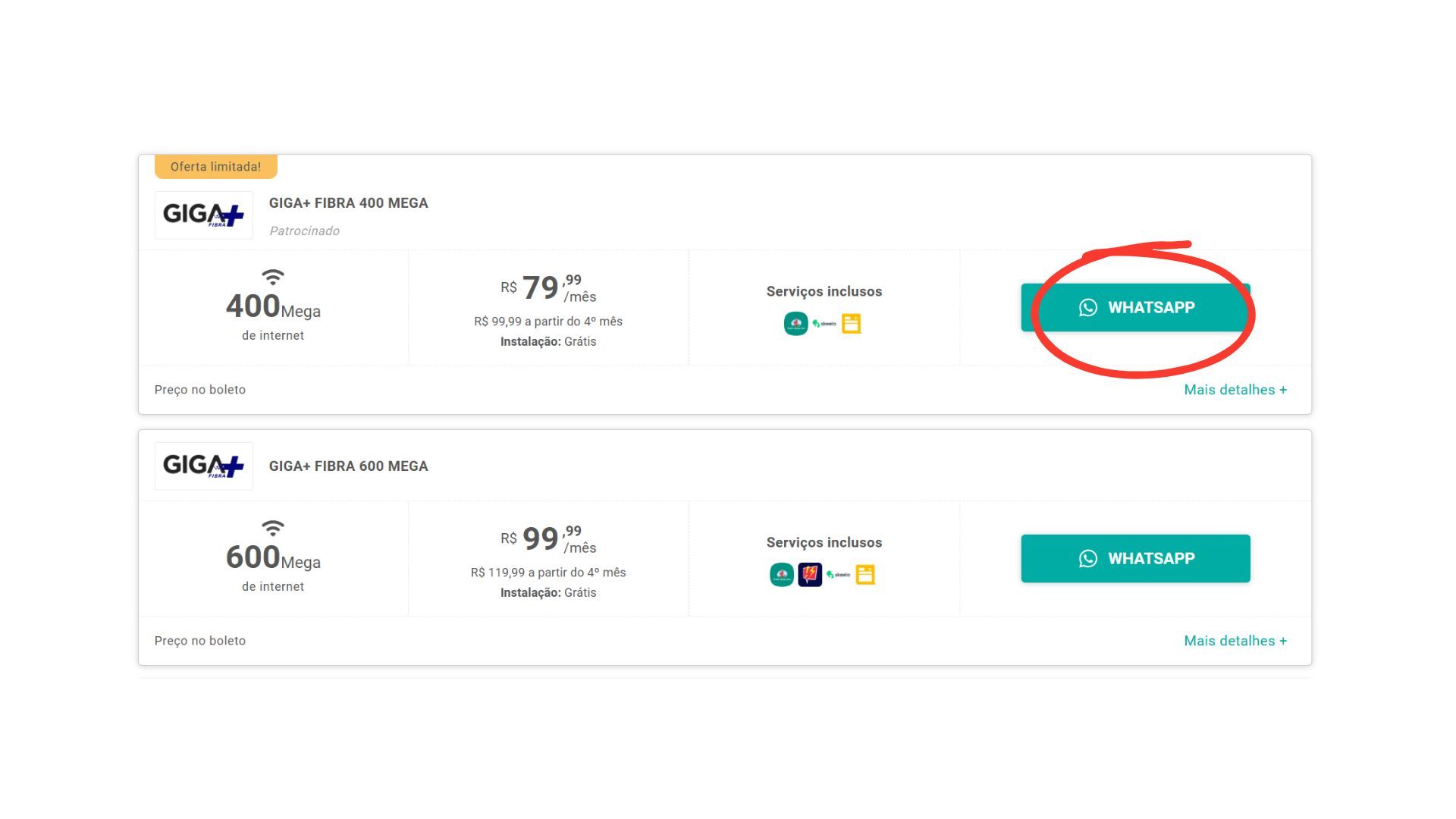 Botão "WhatsApp" no comparador de planos; mostra a página do comparador com o botão verde/visível “WhatsApp” em destaque, indicação de onde clicar para iniciar contato pelo aplicativo e elementos de interface do site (barra de pesquisa, menu superior), sugerindo que o usuário deve acionar o atendimento pelo WhatsApp para verificar disponibilidade por CEP;