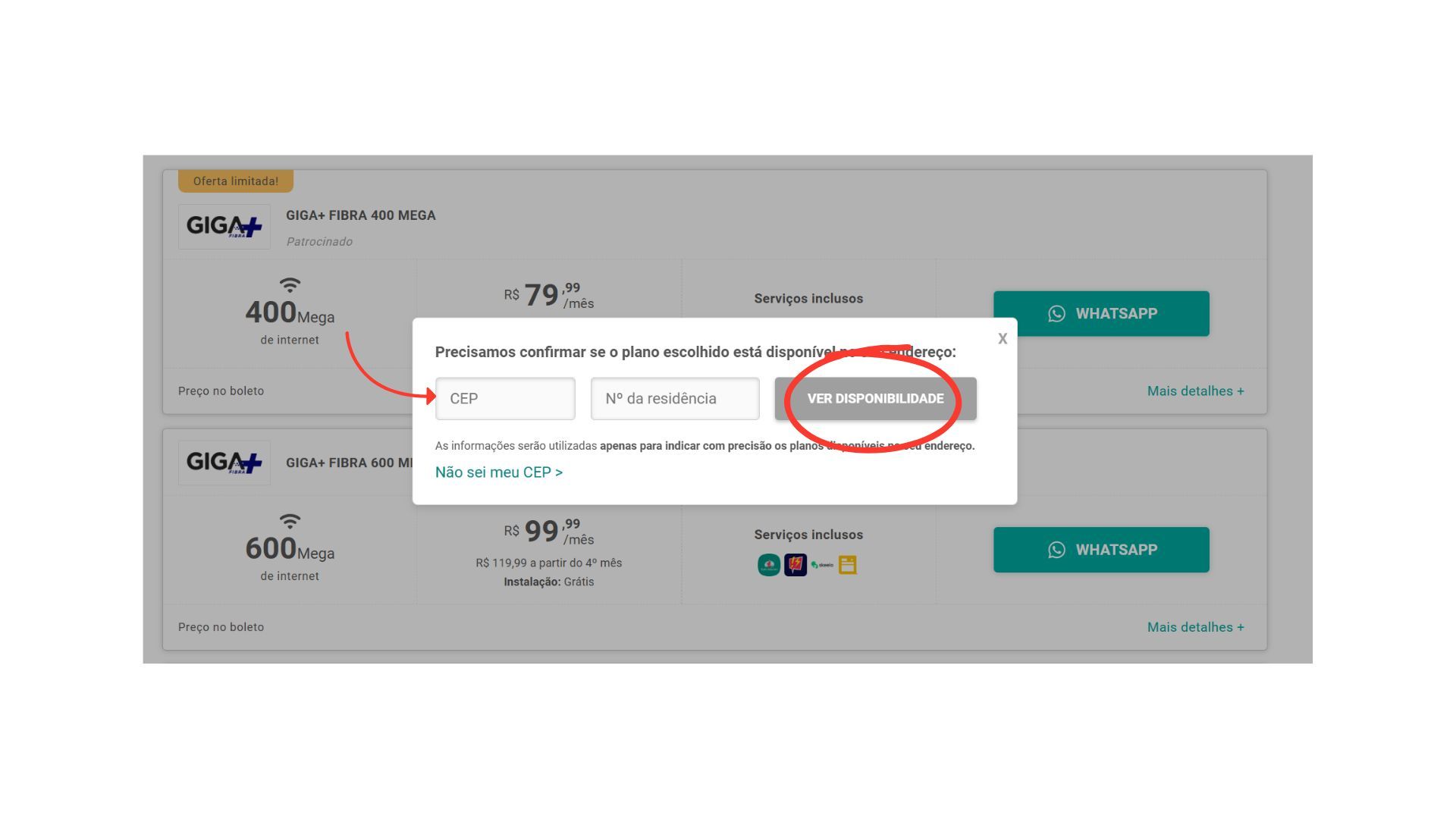 ela de conversa do WhatsApp pedindo o CEP; close-up da janela de chat com a primeira mensagem automática do assistente pedindo que o usuário informe o CEP, com o campo de digitação ativo e ícone de anexo/emoji visíveis, transmitindo que o próximo passo é digitar o CEP para prosseguir;