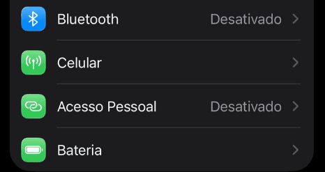 captura de tela com os campos do Bluetooth, celular, acesso pessoal e bateria